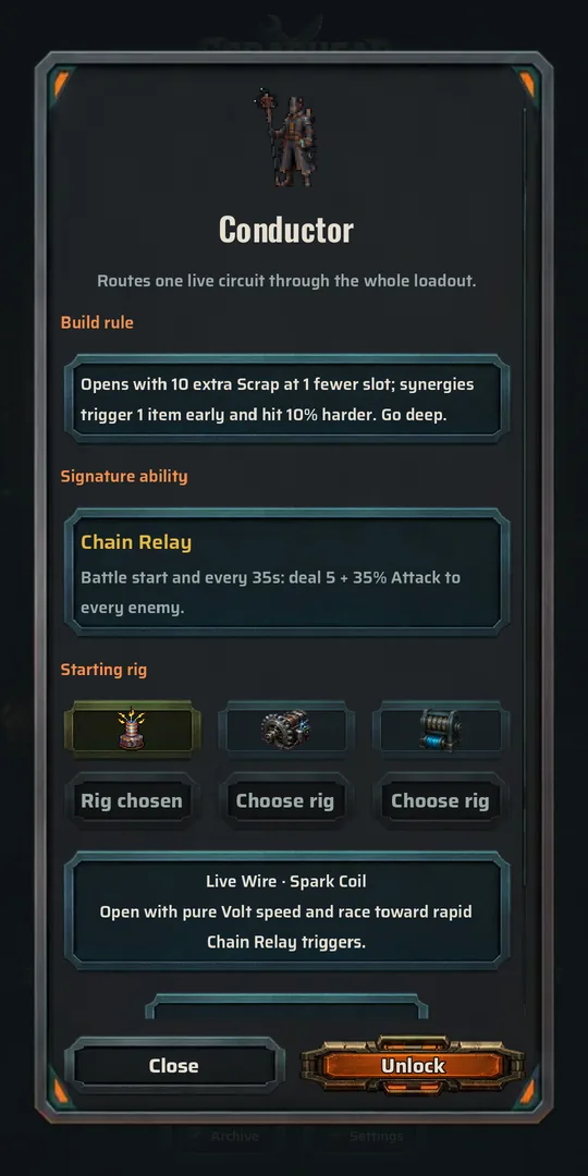 A hero card showing its build rule, signature ability and starting rigs