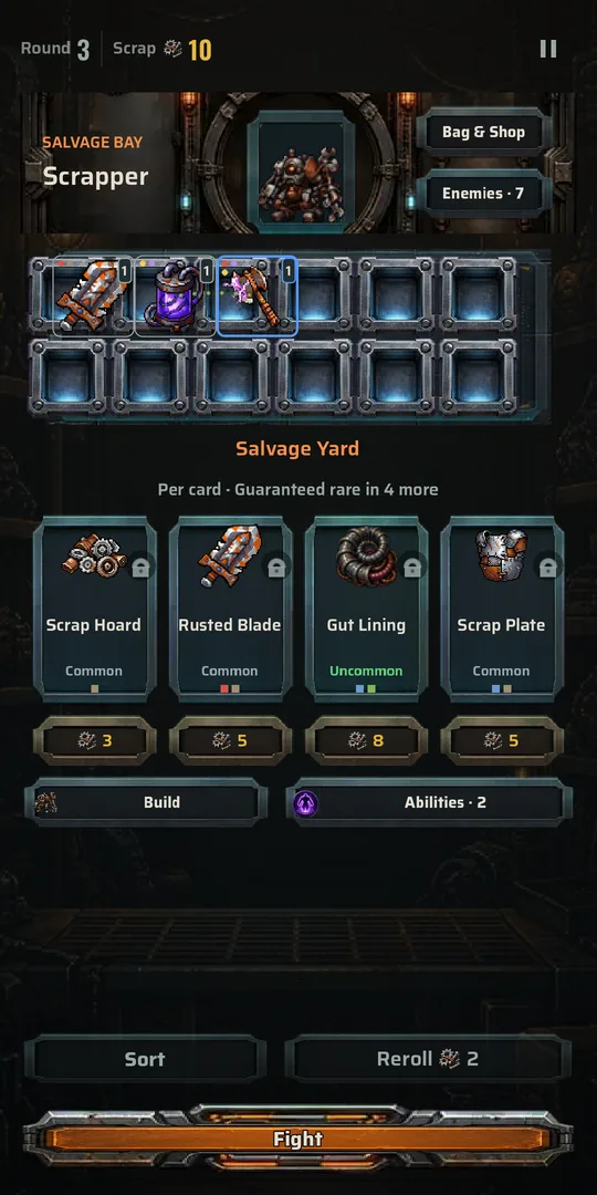 The salvage yard: a bag grid above a row of items for sale